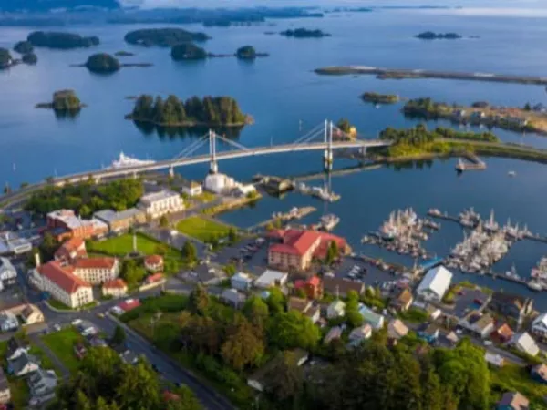Aerial view of an Alaskan town on the water where you might wish to ship your household goods.