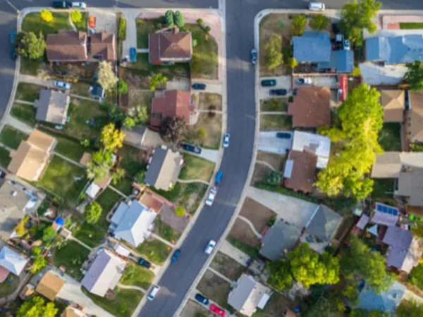 Overhead view of a neighborhood.