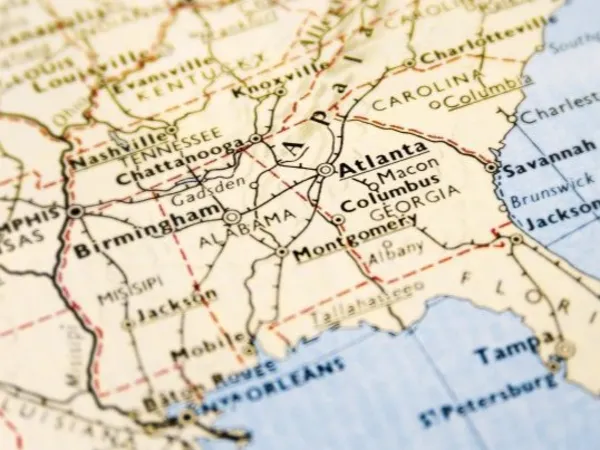 A map with a close-up view of the southern United States