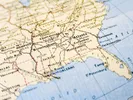 A map with a close-up view of the southern United States.